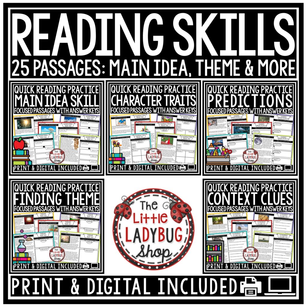Reading Skills Main Idea, Theme, Context Clues, Predictions Bundle