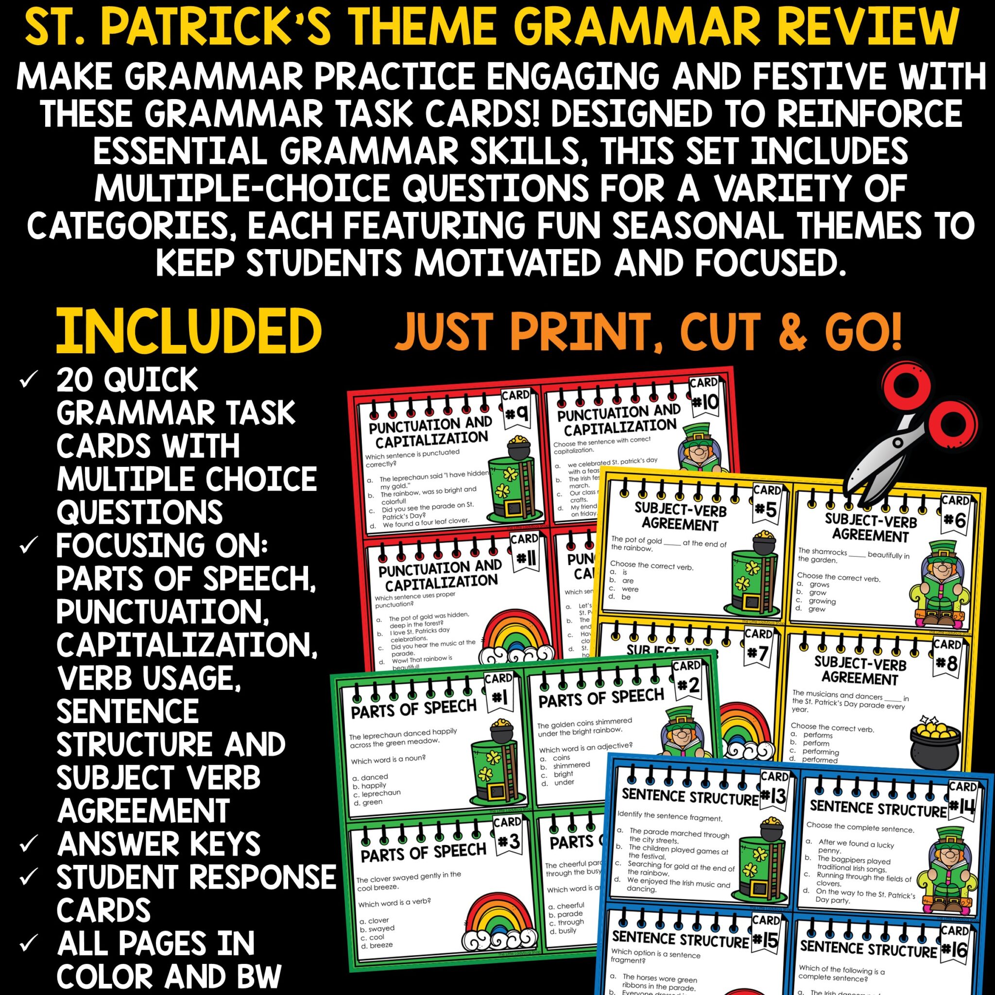 St. Patrick's Day Grammar Review Worksheets Activities Task Cards - The ...