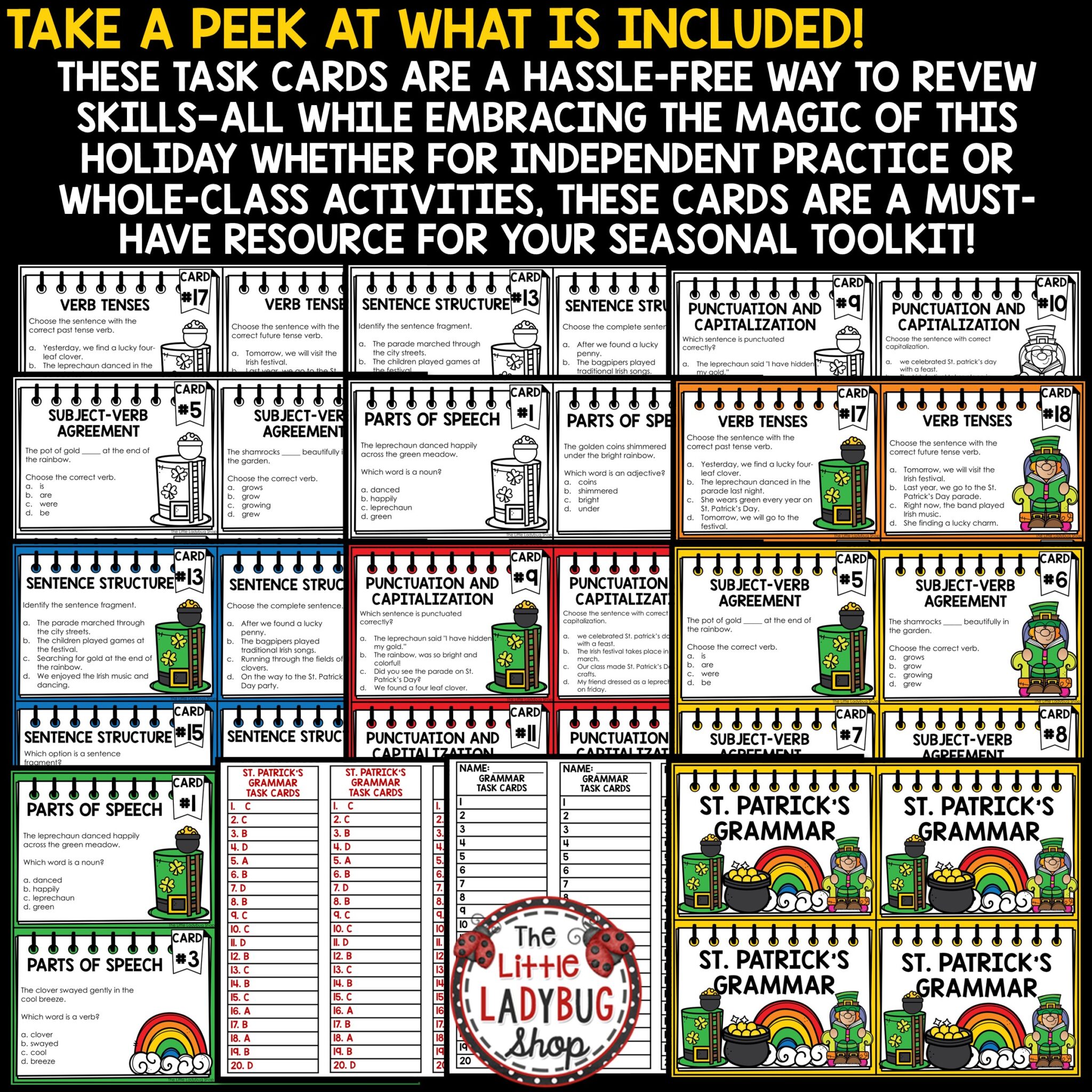 St. Patrick's Day Grammar Review Worksheets Activities Task Cards - The ...