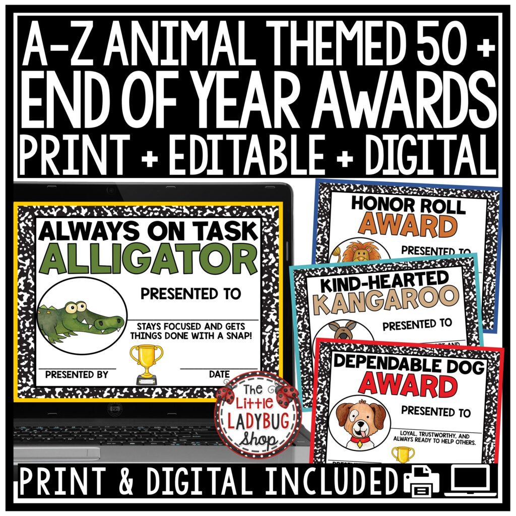 Animal Theme Editable End of the Year Awards Certificates