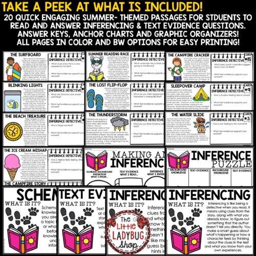 Summer Making Inferences Worksheets 3rd 4th Grade Text Evidence