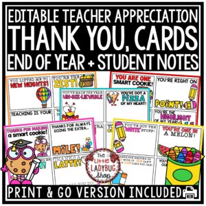 Teacher Student End of Year Thank You Letters Cards Notes