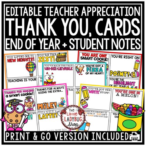 Teacher Student End of Year Thank You Letters Cards Notes