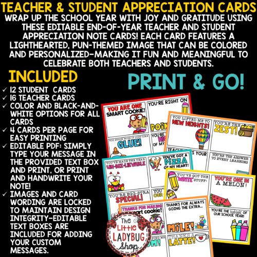 Teacher Student End of Year Thank You Letters Cards Notes