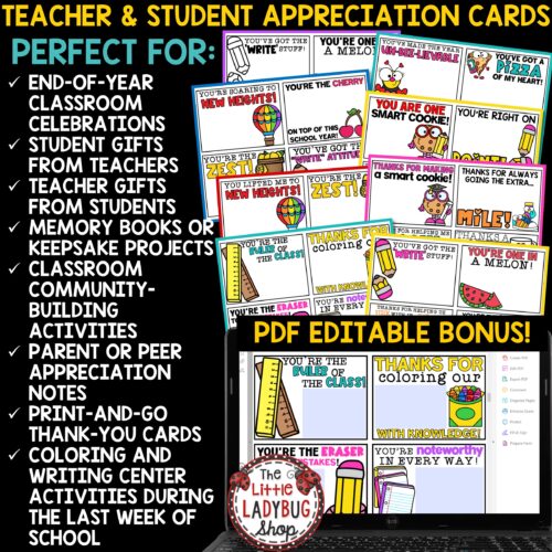 Teacher Student End of Year Thank You Letters Cards Notes