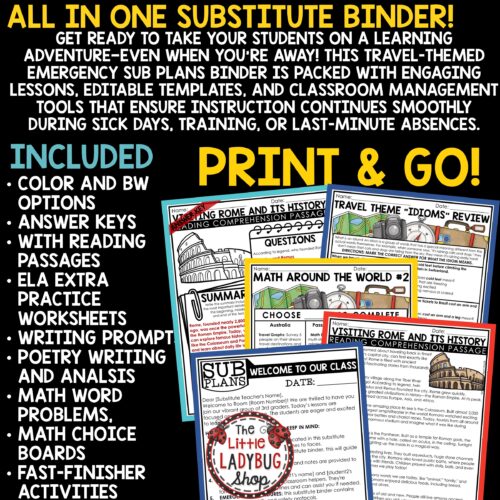 Travel Theme Emergency Sub Plans 3rd 4th Grade Substitute Binder Lesson Template