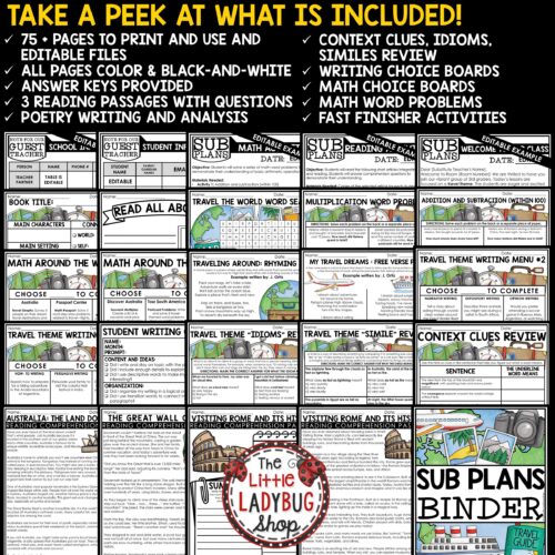 Travel Theme Emergency Sub Plans 3rd 4th Grade Substitute Binder Lesson Template