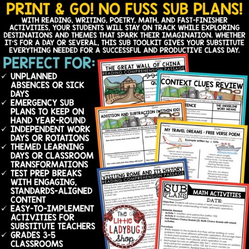 Travel Theme Emergency Sub Plans 3rd 4th Grade Substitute Binder Lesson Template