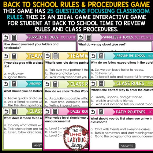 Jeopardy Style Game Show Back to School Review Rules and Procedures Expectations