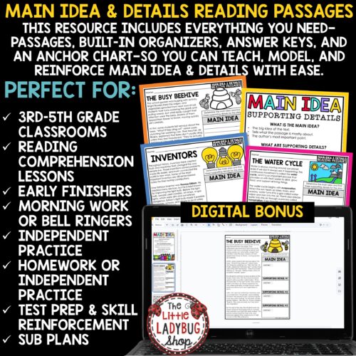 Main Idea and Supporting Details Graphic Organizers Main Idea Reading Passages