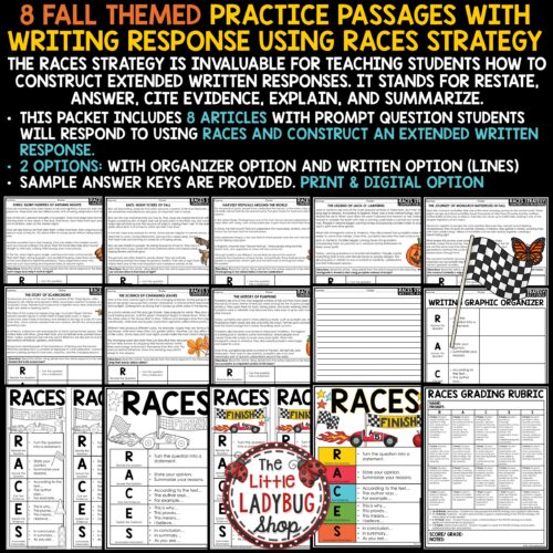 Fall RACES Writing Strategy Practice Worksheets Citing Text Evidence