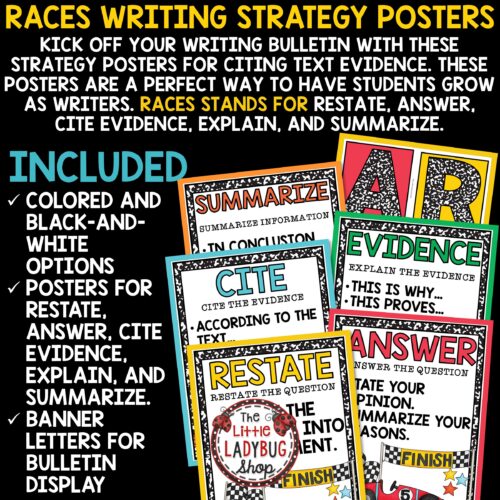 RACES Writing Strategy Posters Citing Text Evidence RACES Writing Bulletin Board