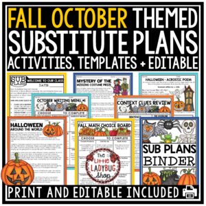 Fall October Emergency Sub Plans Substitute Binder