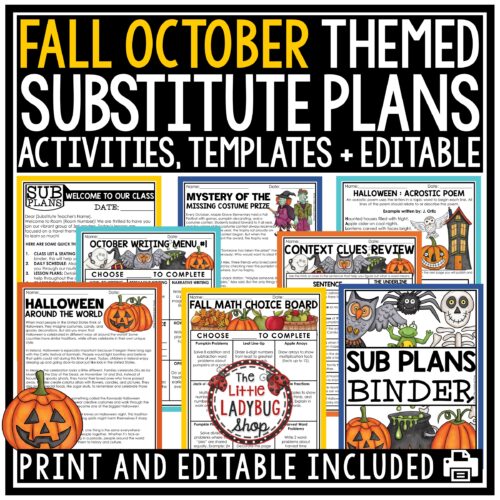 Fall October Emergency Sub Plans Substitute Binder