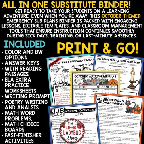 Fall October Emergency Sub Plans Substitute Binder