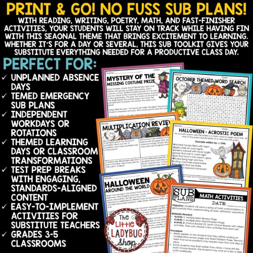 Fall October Emergency Sub Plans Substitute Binder