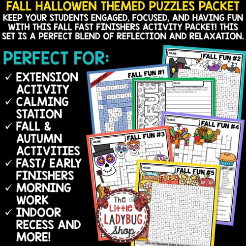 Halloween Fall Crossword Puzzles Fast Finishers Word Search