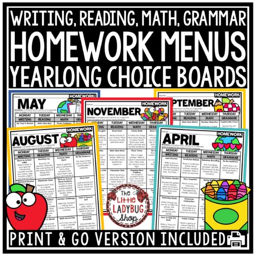Reading Math Grammar Monthly Homework Choice Board Activities