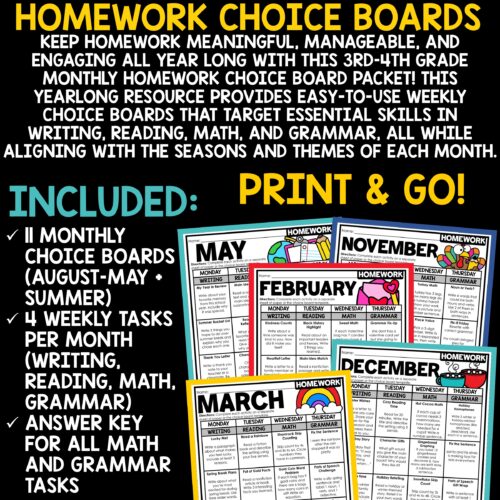 Reading Math Grammar Monthly Homework Choice Board Activities