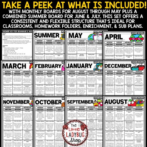 Reading Math Grammar Monthly Homework Choice Board Activities