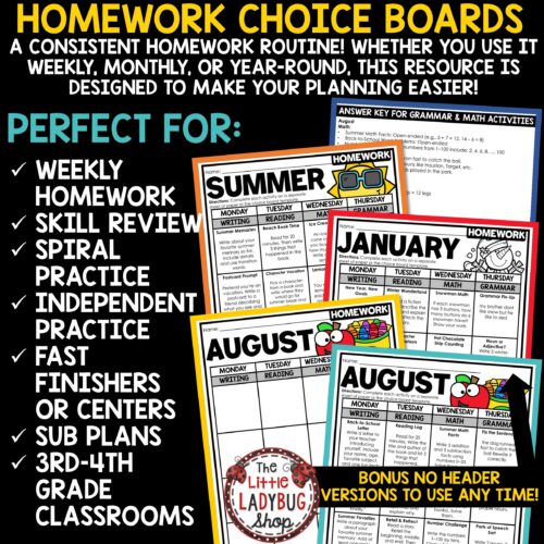 Reading Math Grammar Monthly Homework Choice Board Activities