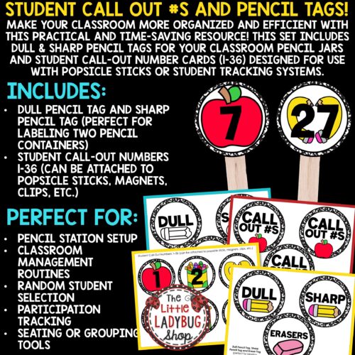 Sharp and Dull Pencil Labels Student Call-Out Number Cards Classroom Management