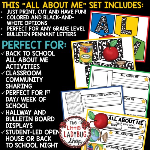 Back to School Year Craft Craftivity All About me 3rd 4th Grade Bulletin Board