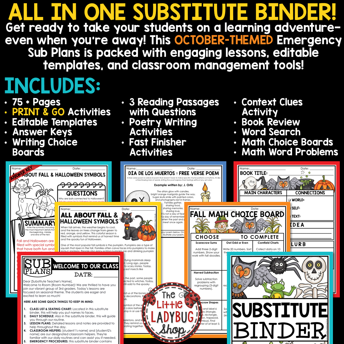 Fall October Emergency Sub Plans Substitute Binder