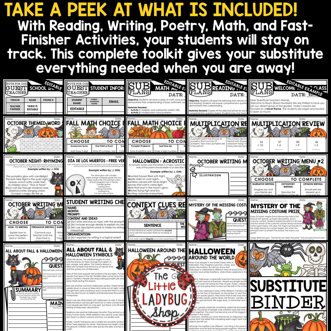 Fall October Emergency Sub Plans Substitute Binder