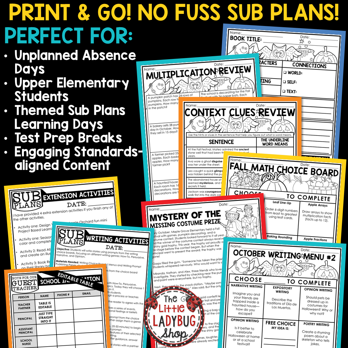 Fall October Emergency Sub Plans Substitute Binder