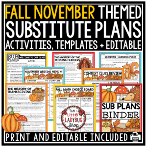 Fall November Emergency Sub Plans Substitute Binder