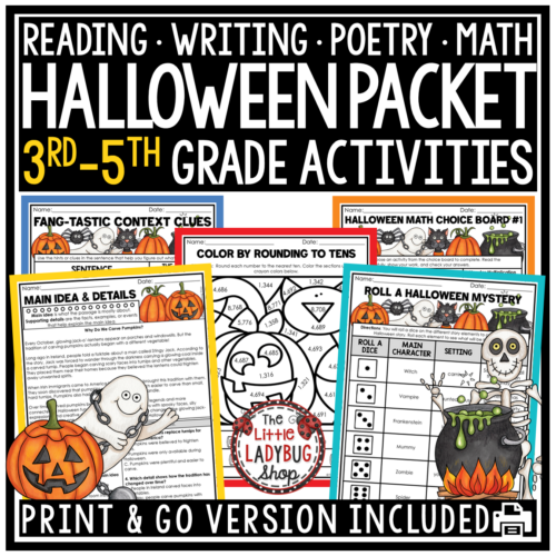 Fall October Halloween Activities Sub Plans Math Reading Passages 3rd 4th Grade