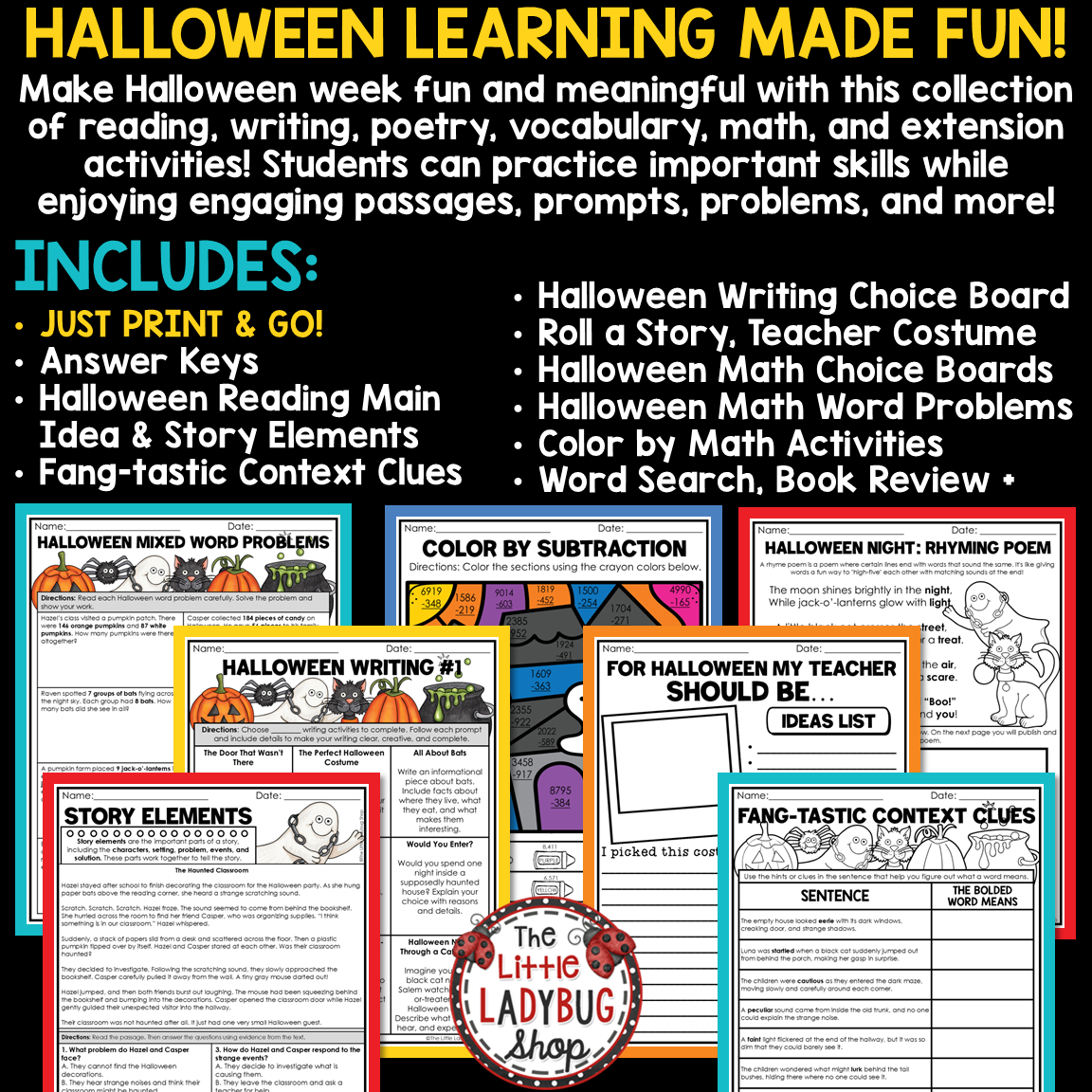 Fall October Halloween Activities Sub Plans Math Reading Passages 3rd 4th Grade
