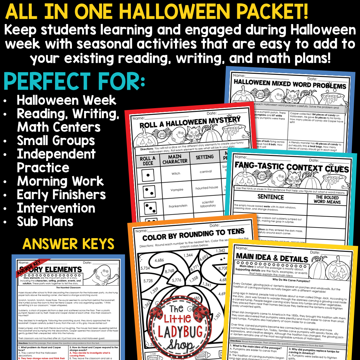 Fall October Halloween Activities Sub Plans Math Reading Passages 3rd 4th Grade