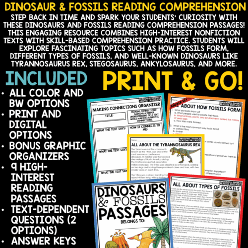 Dinosaurs Activities Reading Passages Types of Fossils Worksheets