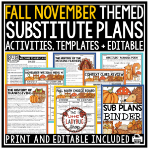 Emergency November Fall No Prep Sub Plans 3rd 4th Grade Substitute Binder Plans