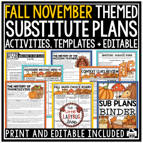 Emergency November Fall No Prep Sub Plans 3rd 4th Grade Substitute Binder Plans