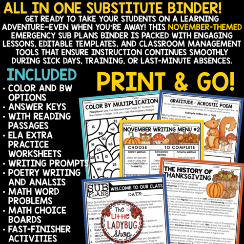 Emergency November Fall No Prep Sub Plans 3rd 4th Grade Substitute Binder Plans