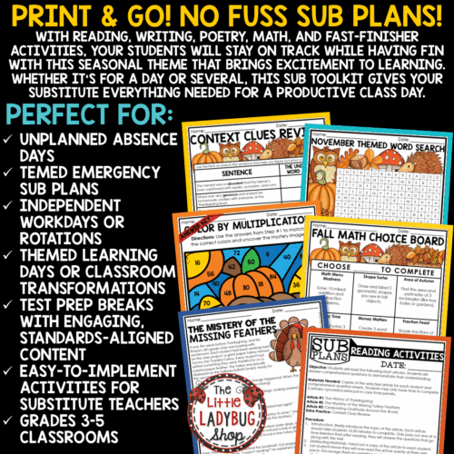 Emergency November Fall No Prep Sub Plans 3rd 4th Grade Substitute Binder Plans