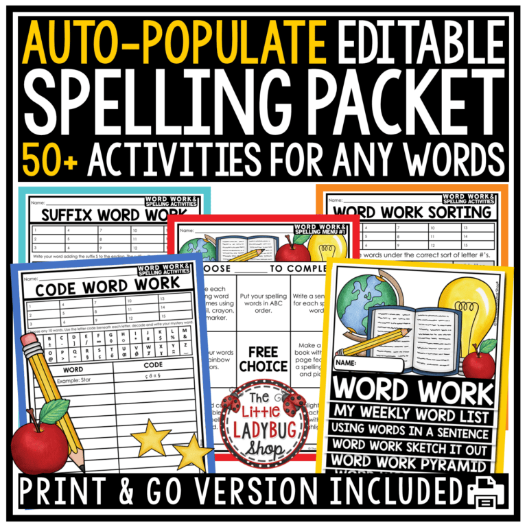 Editable Spelling Word Work Activities Practice Worksheets - The Little ...