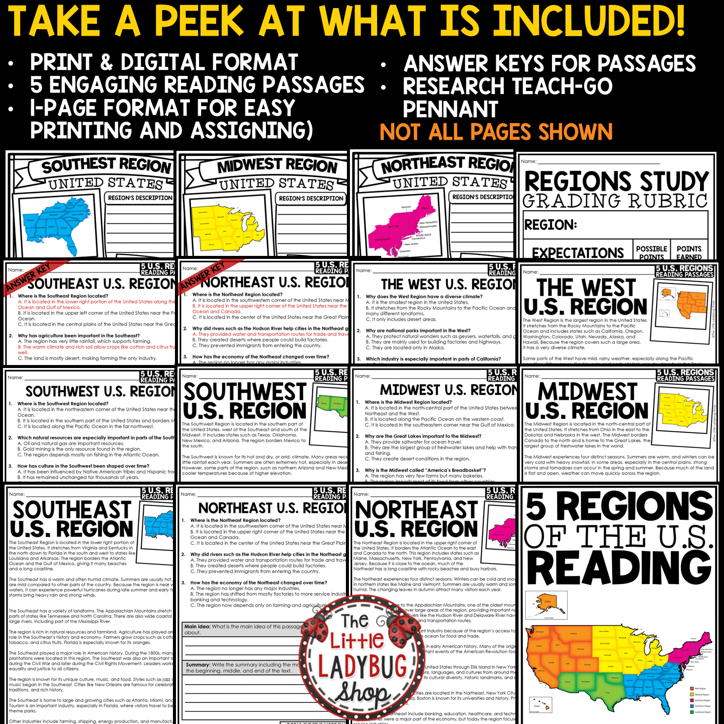 Geography 5 Regions of The United States Reading Research Worksheets