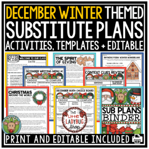 Emergency Christmas December No Prep Sub Plans 3rd 4th Grade