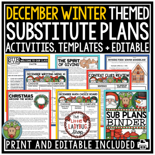 Emergency Christmas December No Prep Sub Plans 3rd 4th Grade