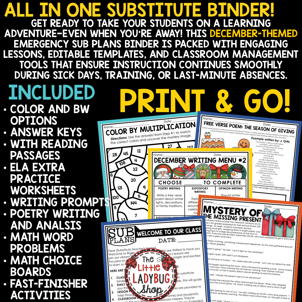 Emergency Christmas December No Prep Sub Plans 3rd 4th Grade