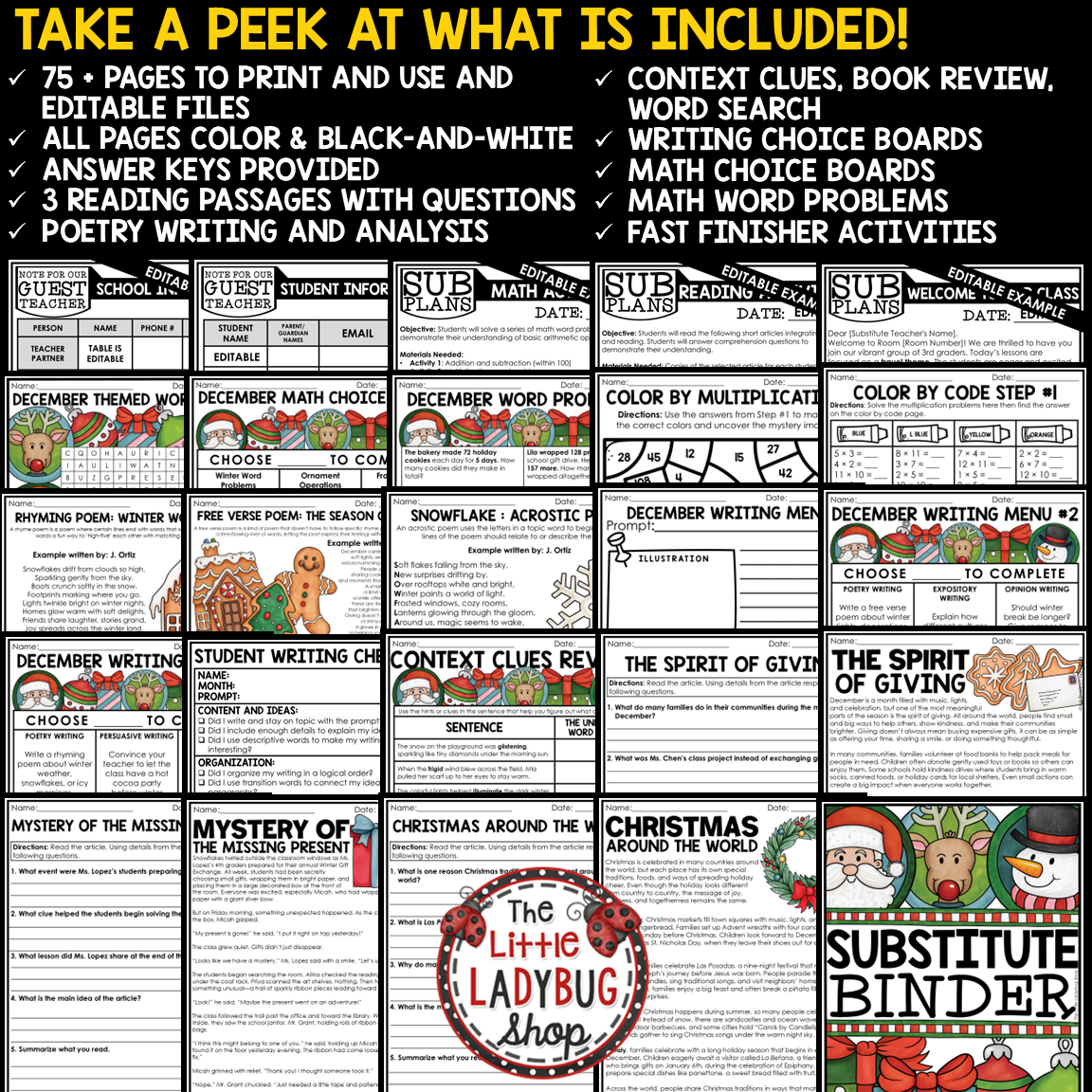 Emergency Christmas December No Prep Sub Plans 3rd 4th Grade