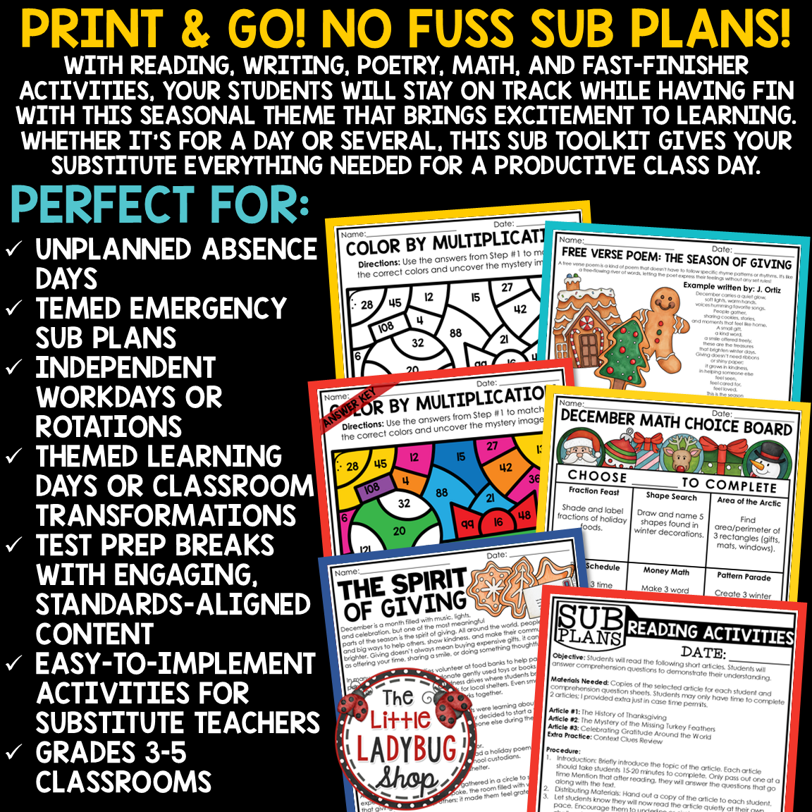 Emergency Christmas December No Prep Sub Plans 3rd 4th Grade