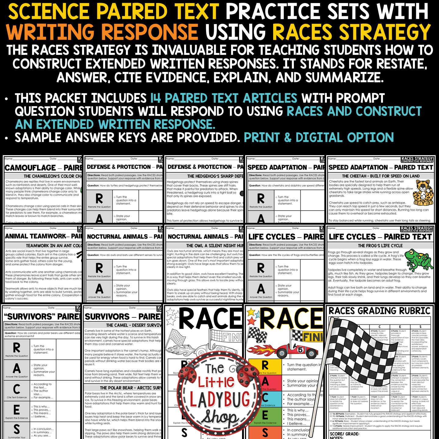 Paired Texts RACES Writing Strategy Practice Worksheets Citing Text Evidence