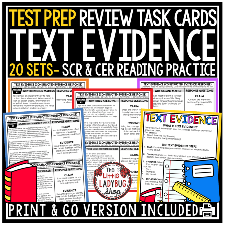3rd 4th Grade SCR CER Text Evidence Reading Passages Task Cards
