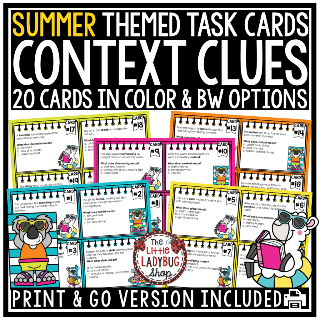 Summer End of Year Context Clues Task Cards Worksheets 3rd 4th Grade ...