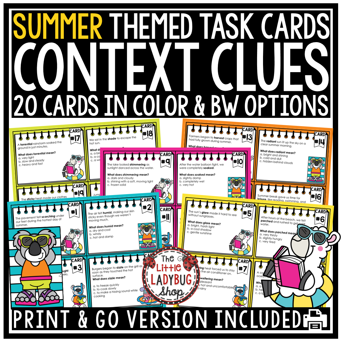 Summer End of Year Context Clues Task Cards Worksheets 3rd 4th Grade
